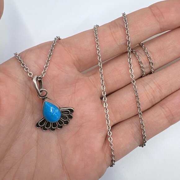 VTG Sterling Silver 925 Teardrop Turquoise Bezel Set Pendant Necklace 22" Length - Picture 5 of 13